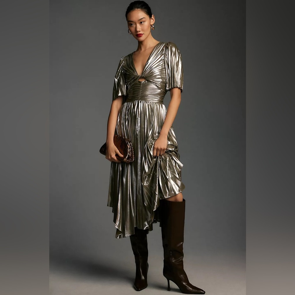Anthropologie Short-Sleeve Metallic Cutout Midi Dress Holiday Party Pleated 1X - Picture 1 of 8